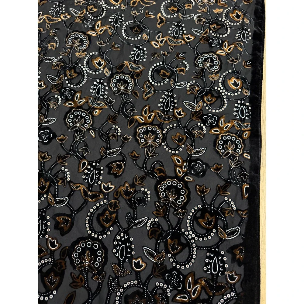 Vtg Velvet Burnout Scarf silky Black Brown Floral Paisley Fringe Witchy Romantic